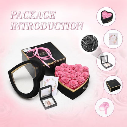 Preserved Roses Flowers for Delivery 16 Pcs, Forever Flores in Heart Box with Necklace, Eternal Rose Anniversary Birthday Gift for Women Wife Girlfriend, Rosas for Valentines Christmas, Pink