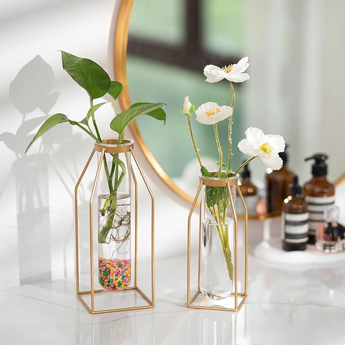 Sziqiqi Glass Propagation Station with Metal Frame - Gold Modern Geometric Square Vase for Plants, Room Decor, Office, Wedding