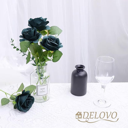 52pcs Emerald Green Roses Artificial Flowers Fake Flowers Silk Roses with Stems for DIY Wedding Bouquets Bridal Shower Centerpieces Arrangements Party Decorations