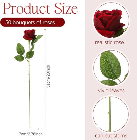 Jexine 50 Pcs Artificial Rose Flower Bulk Realistic Silk Fake Roses with Long Stem Plastic Artificial Flower Bouquet Real Looking for Home Wedding Centerpieces Party Decoration(Burgundy)