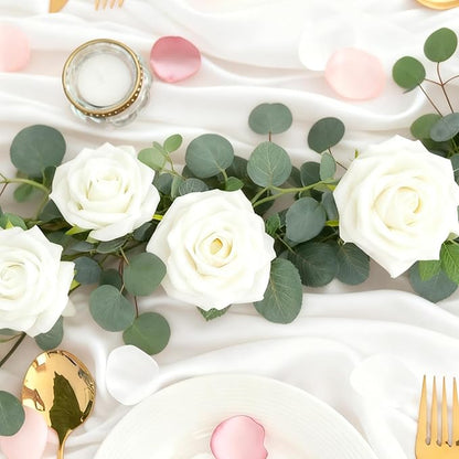 6FT Artificial Eucalyptus Garland with 14 Fake White Rose Flowers - Floral Greenery Decoration Vine for Runner, Backdrop, Arch Wall Decor,Indoor/Outdoor, (1 PCS)