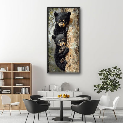 Cabin Bear Large Wall Art Black Bear Cubs Pictures Wall Decor Rustic Forest Animals Lodge Canvas Prints Wildlife Painting Framed Artwork Decoration for Nursery Bedroom Living Room Office 30"x60"
