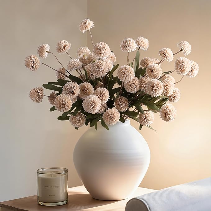 HyeFlora Fake Kiku Flowers,Faux Silk Pompon Mums 40heads Artificial Flowers,Chrysanthemum Stems Floral Arrangement Dried Flowers Vintage Decorative Indoor Home Vase Decor Beige