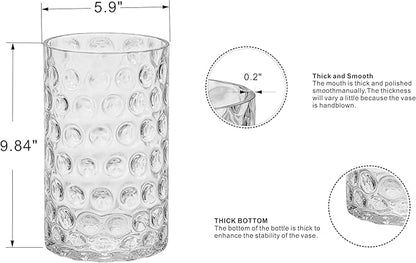 6" Wide 10" High Decorative Glass Cylinder Vase with Dimpled Circle Pattern, 8 Inch Tall, Clear (1, 6"x10")