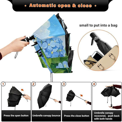 Automatic Folding Umbrella Windproof Strong, UV Protection Compact Floral Hydrangea Hummingbird Sun Rain Sun Rain Travel Umbrellas for Women Men