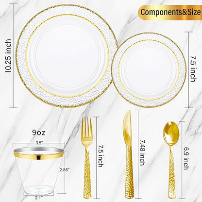 Nervure 150Pcs Clear Plastic Plates with Gold Hammered Silverware include 25Dinner Plate, 25Dessert Plate, 25Knives, 25Forks, 25Spoons and 25Cups for Wedding & Parties & Thanksgiving