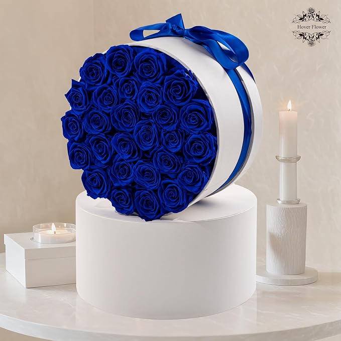 27 Forever Roses in Luxury White Box, Eternal Real Roses Gift for Women, Preserved Flowers for Delivery Prime, Anniversary, Valentine's Day, Birthday for Her (Blue)