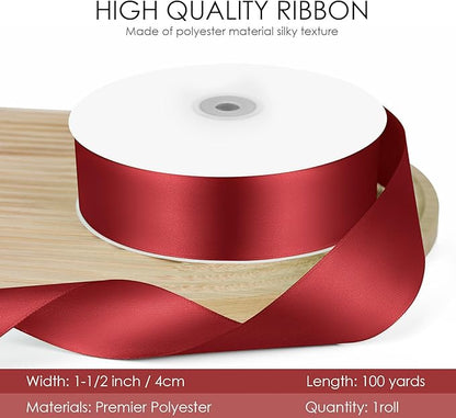 100 Yards 1-1/2 inch Satin Ribbon, Fabric Ribbon Solid Color Perfect for Gift Wrapping, Wedding, Handmade Bows, Floral Bouquets and Party Decoration(Wine red)