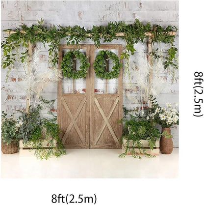 Kate Rustic White Painted Brick Wall Wood Door Photography Backdrops 8x8ft Spring Green Grass and Flowers Photo Backgrounds Baby Shower Backdrop Photoshoot Props