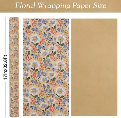 Aimyoo Watercolor Floral Kraft Wrapping Paper Roll, 17 inch x 32.8 ft All Occasion Vintage Flower Gift Wrap for Wedding Birthday Bridal Shower
