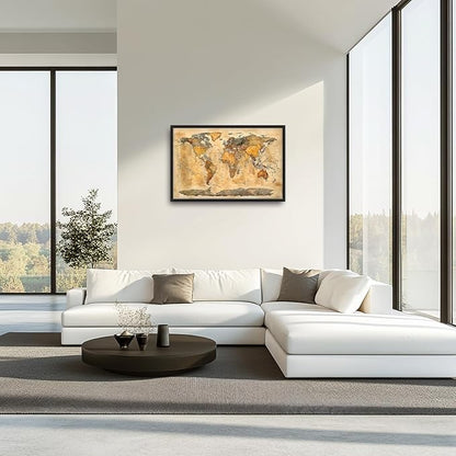 Extra Large World Map Framed Wall Art for Living Room,Oversized Vintage Map of The World Pictures Wall Decor,Canvas Print Painting Modern Artwork Bedroom Office Bathroom 36L x 24W