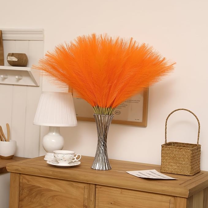 Faux Orange Pampas Grass - 60 pcs 24 Inch Artificial Pampas Grass Decor, Tall Pampas Grass for Floor Vase, Table Centerpieces, Wedding, Party and Living Room Decor (Orange, 60 Pieces)