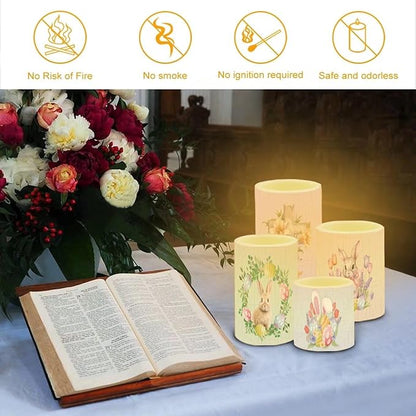 Flameless LED Battery Candles Waterproof Pillar Candles Tealights with 18-Key Timer Remote Colorful Lights for Indoor Outdoor Party Home Easter Decorations, Easter Bunny Egg Floral Retro