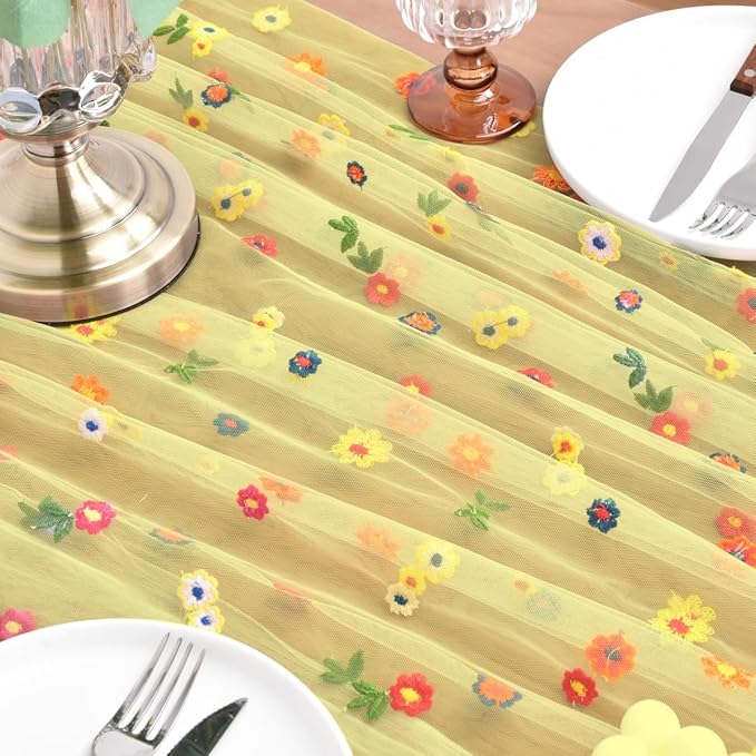 Joanlody Yellow Embroidery Daisy Christmas Table Runner Florals Seasonal Tulle Table Runner Holiday Kitchen Dining Table Decoration Wedding Party