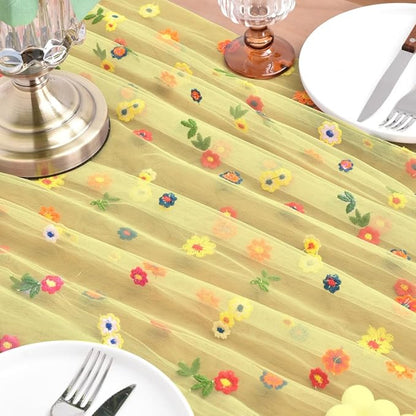 Joanlody Yellow Embroidery Daisy Christmas Table Runner Florals Seasonal Tulle Table Runner Holiday Kitchen Dining Table Decoration Wedding Party