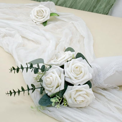 Artificial Flowers, 50pcs Artificial Rose for DIY Bouquets Arrangement, Sand White Rose Flowers Foam Fake with Stems for Wedding Shower Party Floral Arrangements Home Decorations