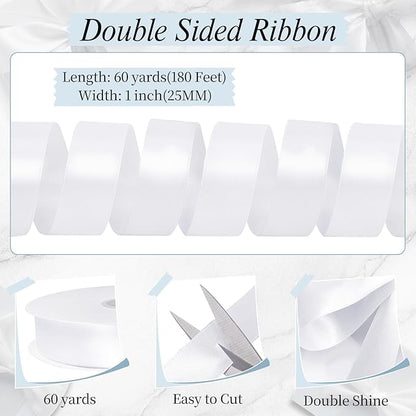 White Ribbon 1 inch 60 Yards Double Faced White Satin Ribbon for Crafts DIY Hair Chair Cheer Bows Gift Wrapping Christmas Bedroom Decor Flower Bouquet Wedding Invitation