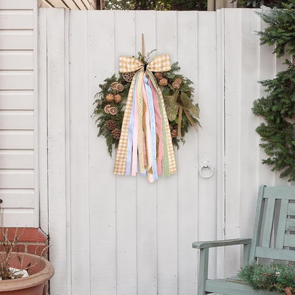 Large Fall Ribbons Bow for Wreath, Orange White Buffalo Plaid Fabric Ribbons Set Assorted Lace Ribbon Blue Pink Clip-On Wreath Sash Ribbon Bundle for Fall Thanksgiving Home Indoor Outdoor Decor