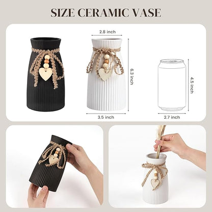 DomeStar White Flower Vase, Small Ceramic Vase Modern Home Decor with Grooves and Hanging Rope for Wedding Baby Shower Party Gift