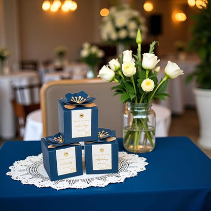 FEIYI 20 PCS Favor Boxes, 3 In 1 Navy Blue Candy Boxes with Floral Decor, White Thank You Tags Gold Foil Print Gift wrapping for Wedding, Baby Shower, Birthday, Decorations Party - 2.55x2.55x2.55