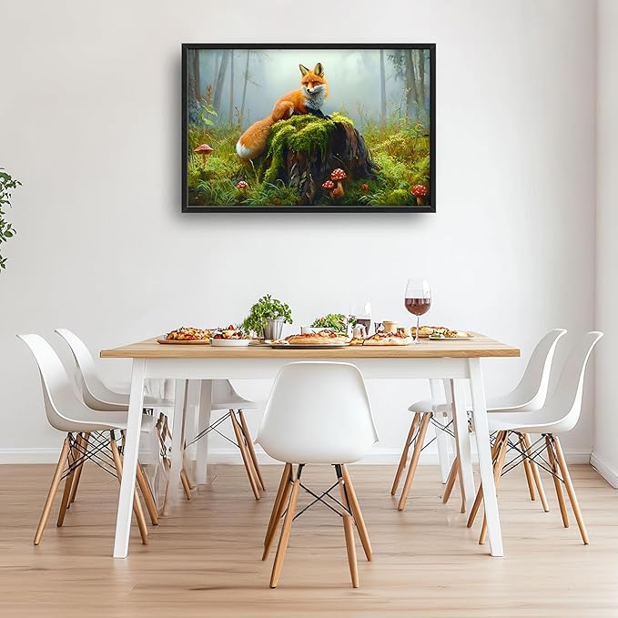 Forest Fox Large Wall Art Framed Rustic Wall Decor for Living Room Fox Mushroom Pictures Oversized Canvas Print Painting Modern Extra Large Framed Artwork for Bedroom Office 36"x24"