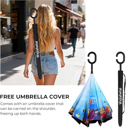 Inverted Umbrella, 49 Inch Double-Layer Vented Reverse Umbrella, Windproof Waterproof UV Protection, Lightweight C-Handle, Fiberglass Ribs, Steel Shaft, Travel/Commute/Car Use, With Sleeve