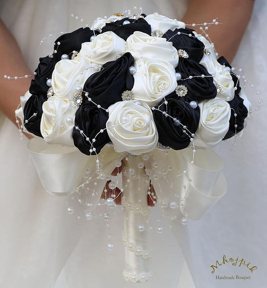 Bridal Wedding Bouquet Round Bling Brooch Bouquet Throw Toss Artificial Rose Flower Bunch for Bride Bridesmaid Wedding Quinceanera(Black & Ivory, 9.8")