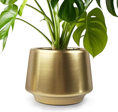 Gold Indoor Plant Pot 7 Inch Large Ceramic Planter With Drainage Hole - Modern Brass Flower Pot Centerpiece Vase - Decorative Greenery Potted for Indoor Plants