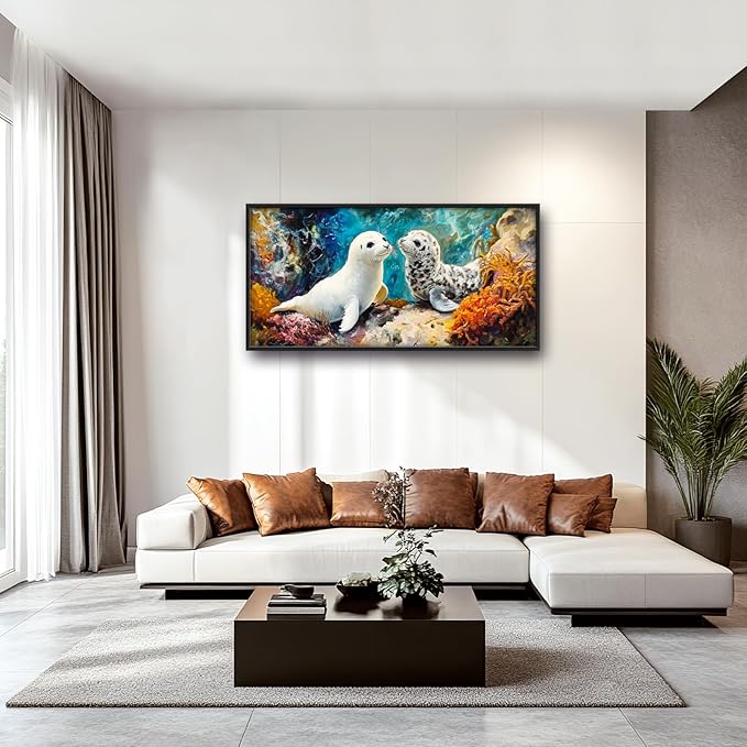 Extra Large Seal Framed Wall Art for Living Room,Oversized Underwater Animal Pictures Wall Decor,Ocean Coral Reef Canvas Print Painting Modern Artwork Bedroom Office Bathroom 60L x 30W