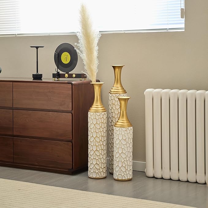 Floor Oversized Gold Metal Decorative Vase with 3D Triangle Pattern Set of 3 Large Vases for Home Living Room 33.5 ", 29.5 ", 25.2" High (Antique Gold+White)