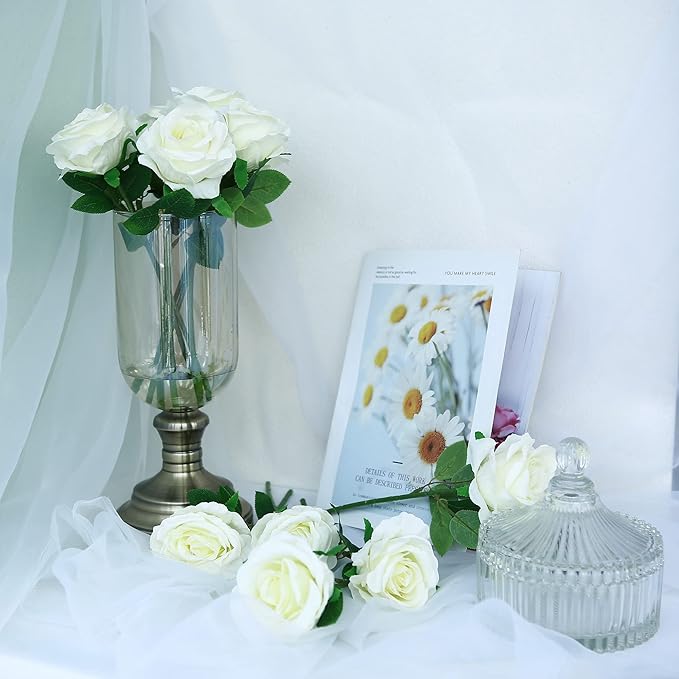 Felice Arts 12 Pack White Roses Artificial Flowers with Stem Fake Flowers Silk Roses Bouquet for Table Vase Wedding Centerpiece Party Home Kitchen Decor
