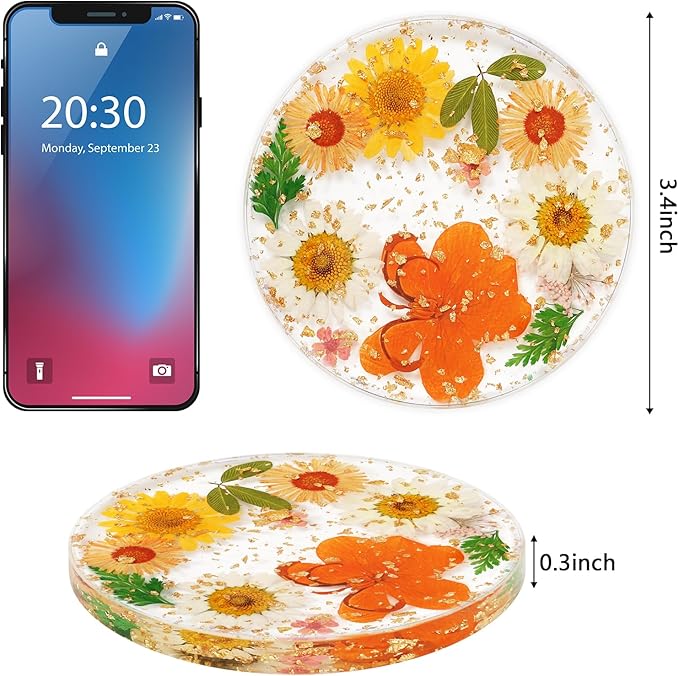 Flower Coasters, Tumwisk 4Pcs Dried Flower Drink Coasters,Women Coffee Table Dining Table Desk Aesthetic Coaster Set Natural Floral Coaster Home Decoration Housewarming Present (Multicolor)