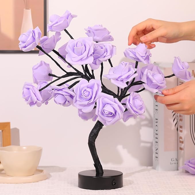Drawelry Rose Flower Tree Lamp - LED Rose Tree Table Lamp USB/Battery Powered Artificial Bonsai Flower Night Light for Bedroom Living Room Party Wedding Birthday Decor (Purple)