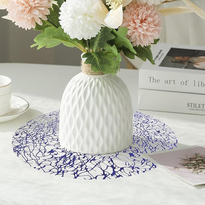 Hysenm 50 Pcs Disposable Blue Placemats Set Metallic 13 Inch Round Table Doilies, Ultra-Thin Messy Lines Disposable Placement Mats for Home Decoration Dining Table Wedding Birthday Party