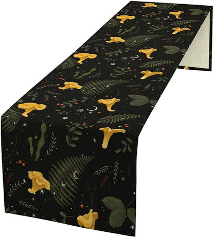 Magical Forest Table Runner, Rustic Country Wild Yellow Mushrooms Plants Botanical Herbs Print Table Runner for Holiday Farmhouse Kitchen Dining Table Decor, 13x120inch