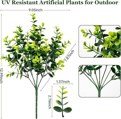 10 Bundles Artificial Plants for Outdoor Fake Plants for Spring Decoration,10 Bundles Faux Eucalyptus Plants for Planter UV Resistant Lifelike for Home Porch Garden（Green）