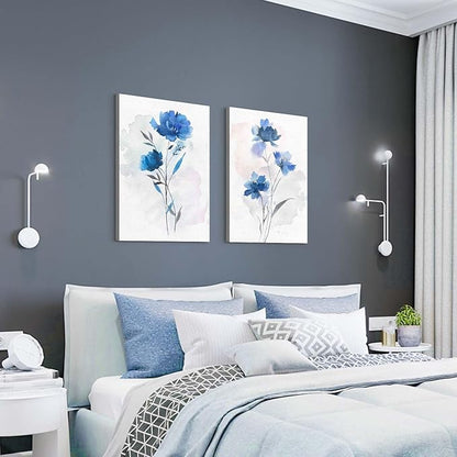 Bedroom Flower Canvas Wall Art: 2 Pieces Navy Blue Floral Prints Artwork Vintage Wildflower Bouquet Botanical Abstract Picture Painting for Living Room Bathroom Home Office