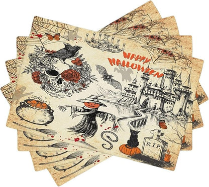 Halloween Placemats Vintage Rustic Farmhouse Gothic Dark Castle Halloween Witch Pumpkin Black Cat Raven Skull Moths Placemats Table Kitchen Dining Party 12x18 Inch Set of 4