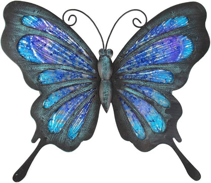 HONGLAND Metal Butterfly Wall Decor Outdoor Indoor Art Sculpture Hanging Glass Decorations Blue for Home Garden Bedroom