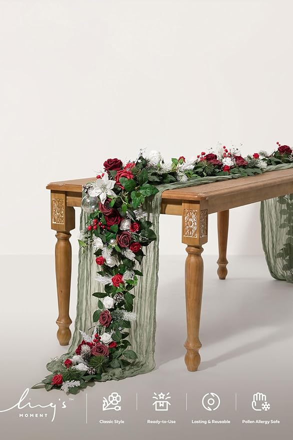 Ling's moment Christmas Eucalyptus Garland with Flowers 6FT，Table Runner with Flowers Marsala Mantle Decor Handcrafted Wedding Centerpieces for Rehearsal Dinner Bridal Shower | Red & White