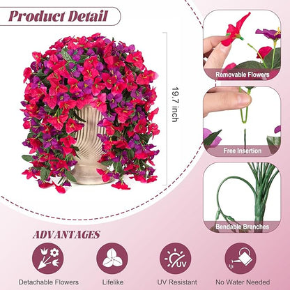 2 pcs Artificial Faux Bougainvillea Flowers Plants for Outdoor Outside Summer Decoration, Fake Silk UV Resistant Long Trailing Vines for Front Door Porch Planter Balcony (Rose Deep Lotus)
