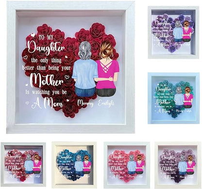 Personalized Mom Flower Shadow Box Custom Heart Shaped Rose Flower Shadow Box Frame with Family Portrait To My Daughter Mother's Day Shadowbox Memory Gifts for Mom from Daughter Birthday