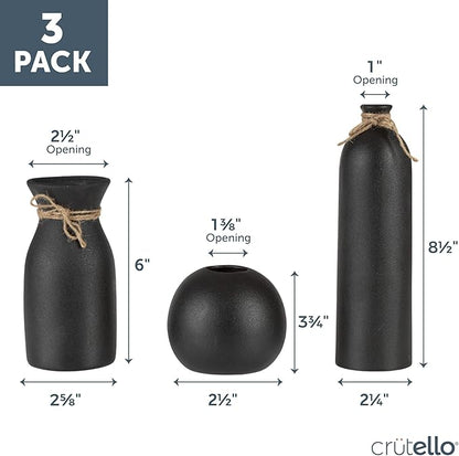 Crutello Ceramic Vase Set - 3 Black Textured Vases - Rustic Vase Set, Perfect Home Decor for Mantles, Bookshelves, Tables, Entryways