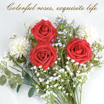 BLEUM CADE 16Pcs Artificial Flowers Fake Roses with Stems, Red Boxed Foam Roses for DIY Bouquets Centerpieces Wedding Party Arrangement Bridal Shower Decor