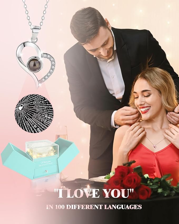 Birthday Gifts for Women, Preserved Real Roses with Heart Necklace I Love You in 100 Languages, Romantic Anniversary Wedding Gifts for Women Her Girlfriend Wife, Forever Roses Necklace Gift Box White