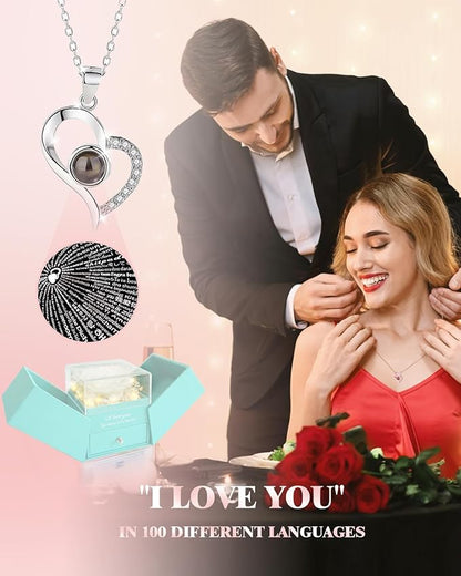Birthday Gifts for Women, Preserved Real Roses with Heart Necklace I Love You in 100 Languages, Romantic Anniversary Wedding Gifts for Women Her Girlfriend Wife, Forever Roses Necklace Gift Box White