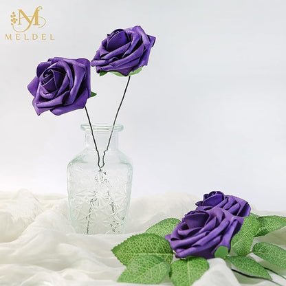 Meldel Artificial Flowers 25pcs Real Looking Purple Lilac Foam Fake Roses with Stems for DIY Wedding Bouquets Bridal Shower Centerpieces Floral Arrangements Home Decorations Bulk Crafts Rose