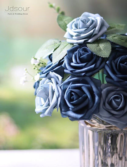 50pcs Artificial Flower，Real Touch Foam Roses w/Stem DIY for Wedding Bouquet Centerpieces Party Shower Home Decor-Dusty Blue Shades