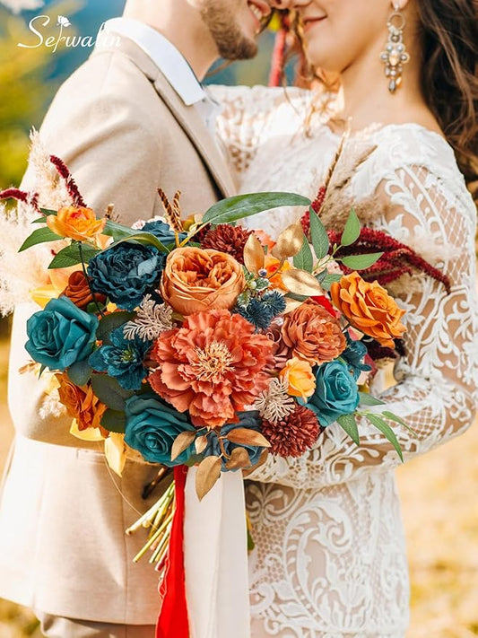 Serwalin Artificial Flowers, Teal Burnt Orange Silk Floral Centerpieces, Fake Flowers Bouquets Box Set for Wedding Bridal Baby Shower Party DIY Craft Home Cake Decoration