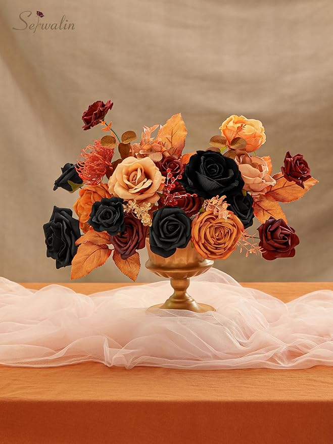 Serwalin Fall Flowers Vintage Orange & Black Artificial Flowers Halloween Black Wedding Flowers Combo for Wedding Bouquets Centerpieces Flower Arrangements Decorations